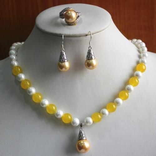 Birthday gift! jewelry set Wholesale Womens 8mm white pearl mixed yellow jade Necklace earring ring(7/8/9) set
