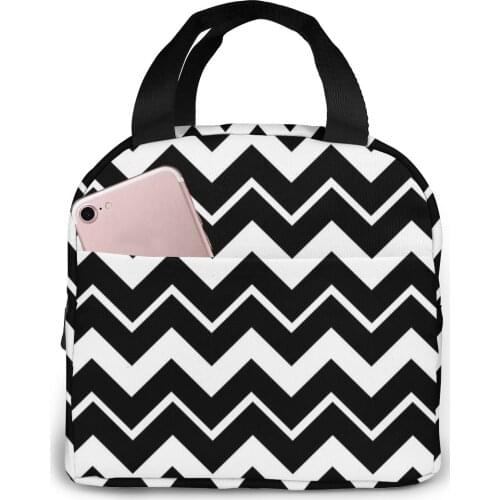 Portable Lunch Bag Black Chevron Thermal Insulated Lunch Box Tote Cooler Bag Bento Pouch Lunch Container Food Storage Bag