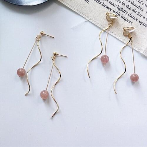 Korean Style Women Earrings Clip Gold/Silver Color Strawberry Quartz Stone Clip on Earrings Non Pierced For Girl Party Gifts