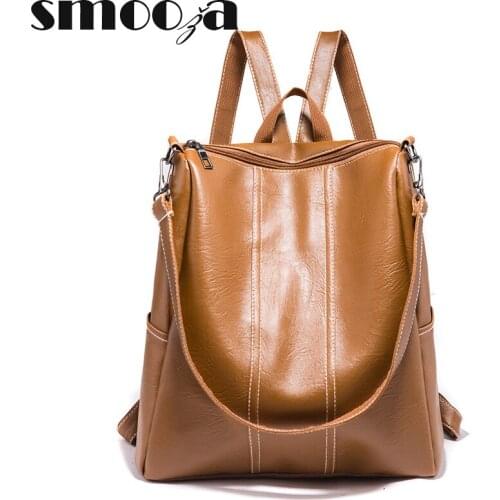 SMOOZA 2021New Korean Fashion Style Women Backpack for Travel Large Capacity Soft PU Leather Shoulder Bag Multi-Functional
