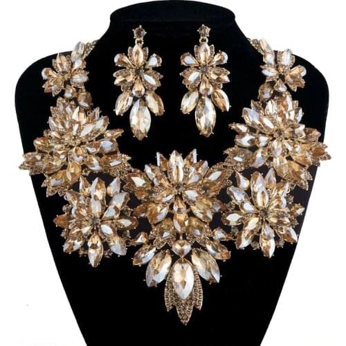 Bridal wedding statement jewelry sets rhinestone crystal necklace champagne color for womens party dress accessories jewelry