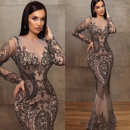 Dark Grey Evening Gowns Beading Jewel Neck Long Sleeve Mermaid Prom Dress Party Wear Floor Length Robes De Soirée