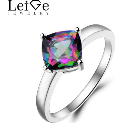 Leige Jewelry Mystic Topaz Ring Rainbow Topaz Ring Engagement Ring Cushion Cut Rainbow Gemstone 925 Sterling Silver for Women