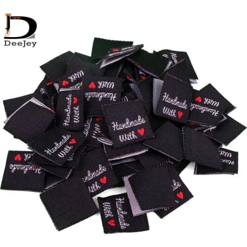 Stock fabrics woven label tags handmade with love cloth labels 2*2cm center folded black labels 150pcs lot