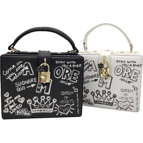 Boutique De FGG Fashion Graffiti Cartoon Women Box Handbags Shoulder Bag Ladies Party Cocktail Casual Crossbody Messenger Bag