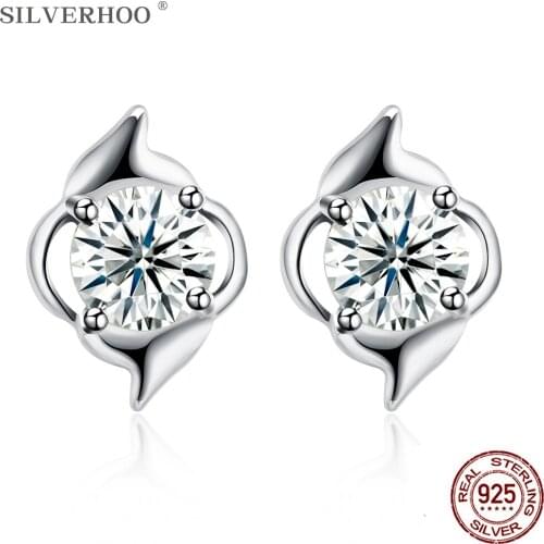 SILVERHOO 925 Sterling Silver Lightning Shape Women Earrings Korean Exquisite Cubic Zirconia Stud Earring Classic Party Jewelry