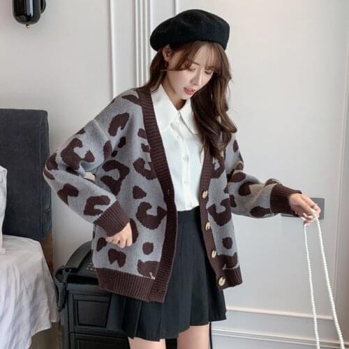 Tops Women 2020 Wool Knitted Cardigan Autumn and Winter New Korean Loose Thicken Sweater V-neck Splicing Single Breasted Coat