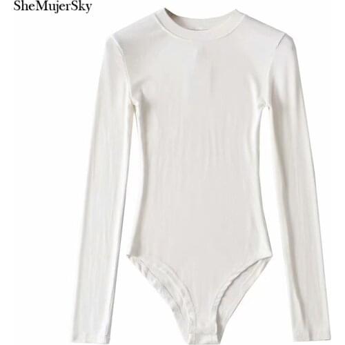 SheMujerSky Autumn Long Sleeve Solid Color Bodysuits O-neck Slim Elastic Jumpsuits 2020 Womens Bodysuit