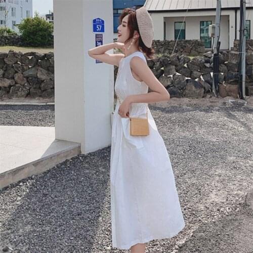 2020 Womens Cotton Linen Long Dress O-Neck Sleeveless Boho Loose Dress High Street Solid A-Line Dress Plus Size Vestidos M-7XL