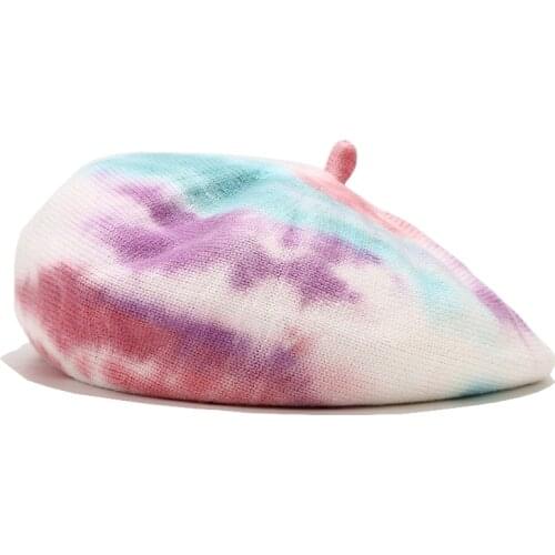 Winter Vintage Luxury Women Beret Rainbow Tie Dye Print Wool Hat Female Knitted Bonnet Caps Spring Autumn Brand Womens Hats