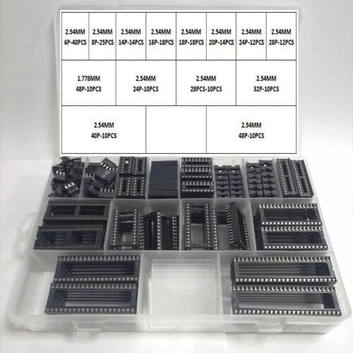 229Pcs/Box 2.54 1.778 mm Pitch DIP IC Sockets Solder Type Adaptor Assortment Kit (6/8/14/16/18/20/24/28/40/48 Pins)