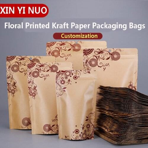 50pcs/lot Food Grade Self Adhesive Bags Kraft Paper Floral Printed Packaging Bags Personal Customization