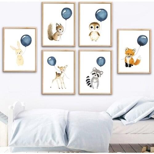 Watercolor Rabbit Sika Deer Fox Raccoon Penguin Wall Art Canvas Painting Nordic Posters And Prints Wall Pictures Kids Room Decor