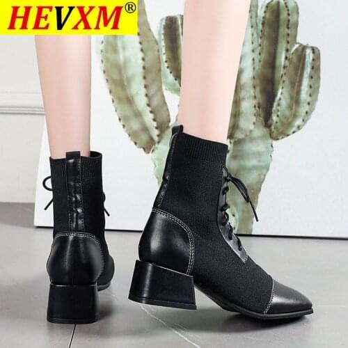 Ankle Boots Woman Lace Up Shoes Black Square Heel Casual Leather Boots Fashion Botas Mujer Knitted Sock Boots Plue Size 42