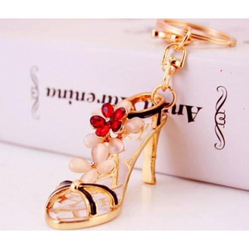 High heels Red crystal flowers keychain - New Product Fancy Metal High Heel Shoe Model Keychain Keyring For Gift #1-17206