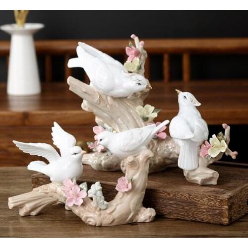 Home Decoration Ornaments A Pair of Small Birds White Pigeon Branches High Temperature Ceramic Creative Decoration