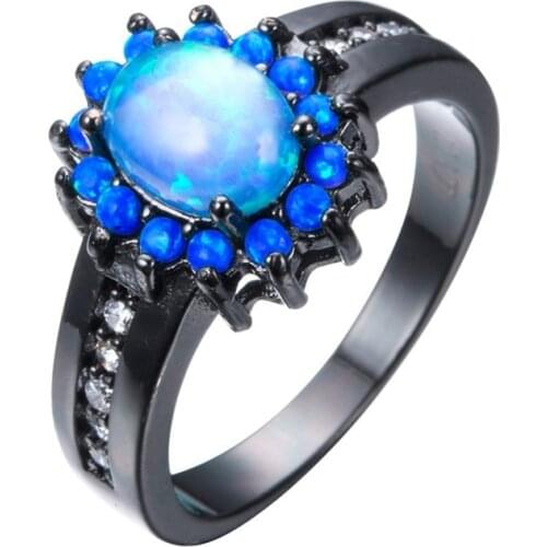 FDLK Luxury Womens Oval Cut Blue Fire Opal Ring CZ Crystal Jewelry Gift Bridal Engagement Party Band Rings Size 5 - 12