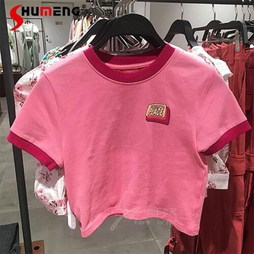 Women Cotton Cute Pink Tshirt Streetwear 2021 Summer Solid Color T Shirt for Women Harajuku Halter Short Sleeve Tops Tee Hip Hop