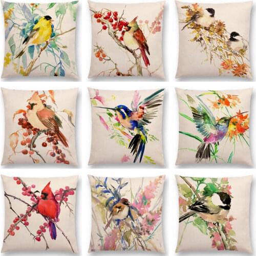 Hot Sale Watercolor Cute Birds Robin Tit Finch Hummingbird Goldfinch Chickadee Cardinal Kingfisher Flowers Cushion Sofa Pillow