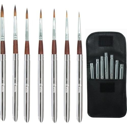 Eval 7pcs Travel Art Paint Brush Set Metal Handle Portable Acrylic Brush for Oil Watercolor Gouache Painting Art Supplies