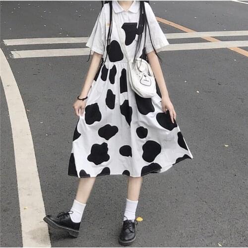 2020 New Japanese Sweet College White Short-Sleeved Shirt Top + Cute Cow Strap Dress Female Summer lolita dress fairy kei