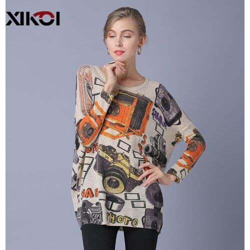 XIKOI New Womens Clothing Oversized Sweaters O-neck Long Sleeve Loose Pullovers Jumpers Female Casual Knitted Printing Sweaters
