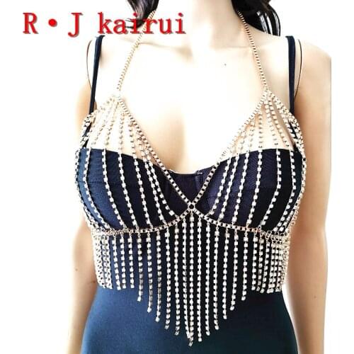 New RJRH05 Fashion Women Handmade Rhinestone Bra Chains Jewelry Bling Crystal Beads Top Costume Neck Bra Jewelry 2 Colors