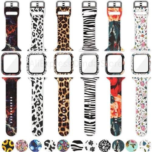 New Printed Silicone Strap + Case For Apple Watch Series 6 5 4 40mm 44mm iWatch Band SE 3 38mm 42mm Tempered Glass film Bracelet