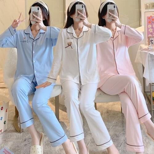 2021 Autumn Long Sleeve Cotton Pajama Sets for Women Korean Sleepwear Suit Pyjamas Loungewear Homewear Pijama Mujer Home Clothes