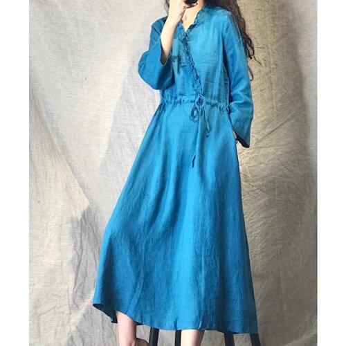 Women Loose V Neck Linen Dress Ladies Wrinkle Vintage Flax Dresses Female Waisted Retro Spring Summer Dresses
