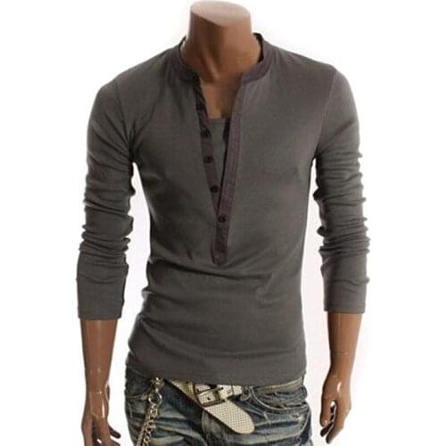 Casual T-shirts Men Top Solid Long Sleeve V-neck Slim Fit Soft Comfortable Autumn Winter Button Basic Men Clothes