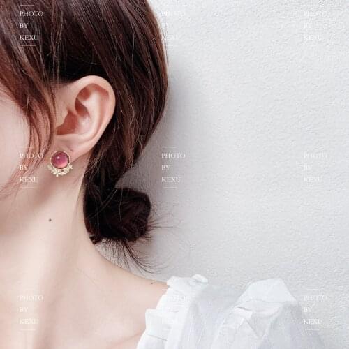 Retro French Antique Western Pink Purple Gemstone Cat Eye Ear Clip High-End Diamond-Plated Gold-Plated S925 Earrings