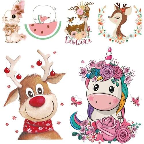 Christmas stickers cartoon rabbit deer iron on transfer patches for clothing ironing iron on patches T-shirt washable applique