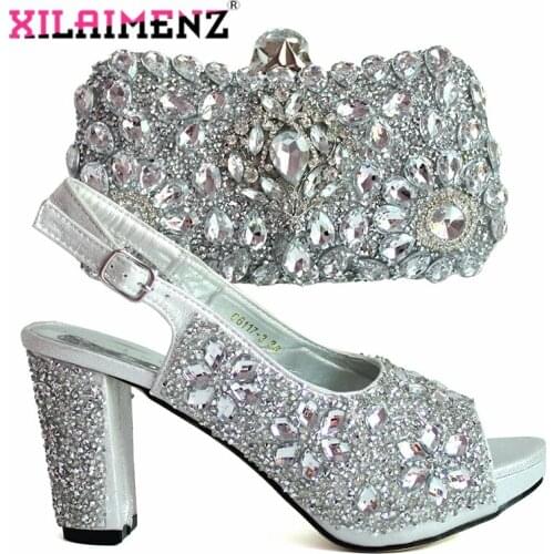 Christmas Restriction New Arrivals Sweet Ladies Mathing Shoes and Bag Silver Set For Party Decorate with Rhiinestone for Party