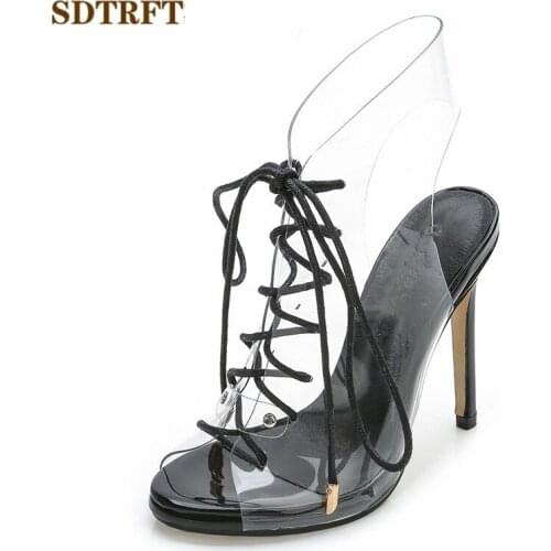SDTRFT Summer shoes woman 11cm Thin High-Heeled Open Toe Stripper Transparent sandals Buckle Narrow Band pumps Eur size:35-45 46
