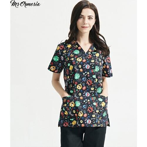 Unisex 100%Cotton Cartoon printing scrubs shirt Scrubs Tops beauty salon work Set lab working clothes pet grooming Uniform women