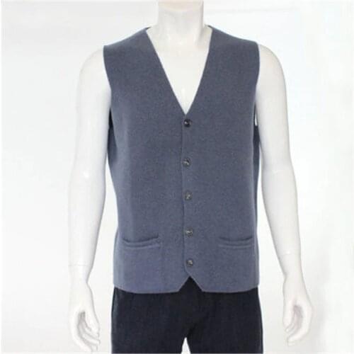 High quality 100%goat cashmere knit men fashion sleeveless thick cardigan vest sweater H-straight dark grey 6color S/2XL