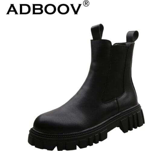 ADBOOV Thick Sole Chelsea Boots 4CM Women Slip On Ankle Boots Leather Platform Boots Ladies
