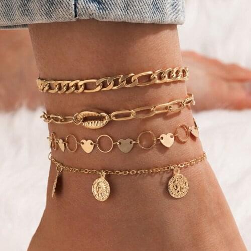 Women 4 Pcs /set Heart Circle Piece Chain Golden Multi-layer Anklets 2021 Personality Barefoot Jewelry