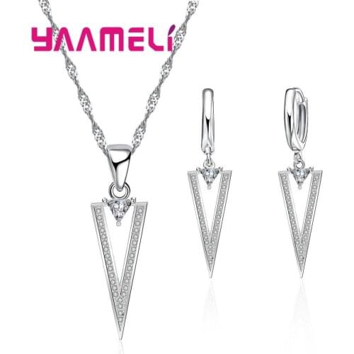 Women 925 Sterling Silver Wedding Engagement Jewelry Sets With CZ Zircon Fashion Traingle Pendant Necklace Earring Set