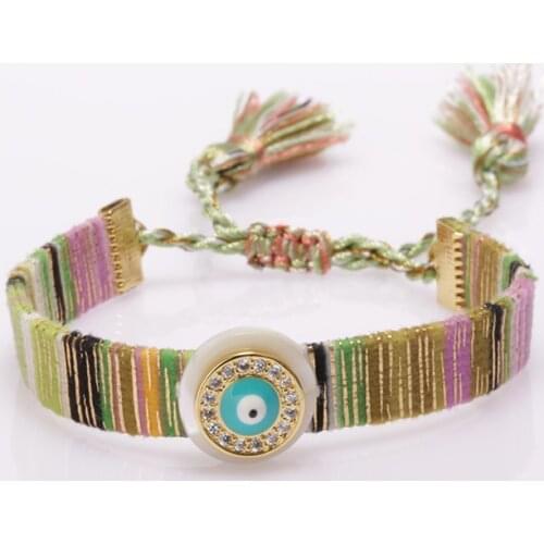 Blue evil eye protection gold charm ethnic boho bohemia tassel cotton silk band wristband adjustable bracelet for woman