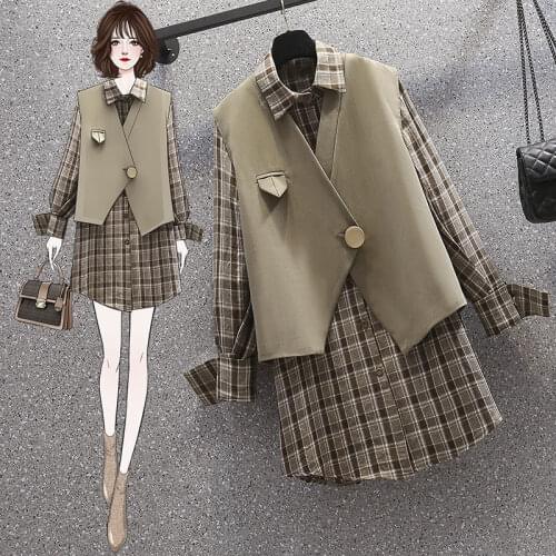 Women 2021 Spring Fashion Two-piece Suits Female Solid Color Buttons Vest Tops Ladies Long Sleeve Loose Plaid Dress Sets T204