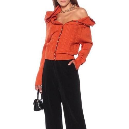 Metal 10.11 Chains Asymmetric Decoration Rib Knit Wool Cardigan Women Fashion High end Single Breasted Short Sweater