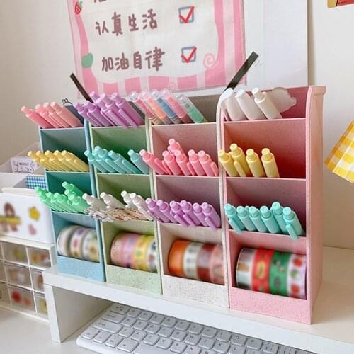 Kawaii Macaron Colorful Desk Pens Holder Organizer Pencil Makeup Brush Storage Box 4 Grid Stationery Cosmetics Organizer Cases