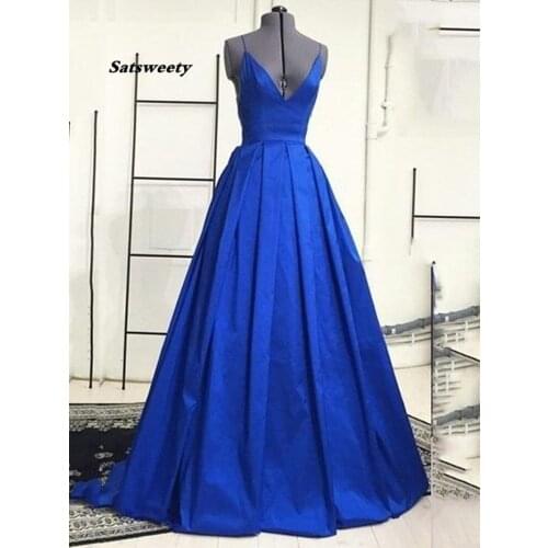 2020 Fashion Spaghetti Straps A-Line Backless Long Prom Dress Royal Blue Evening Formal Gowns Vestidos de Festa Cheap