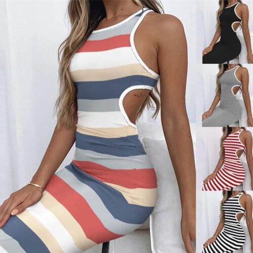 Sexy Hollow Out Office Lady Dress Casual Stripe Print O Neck Sleeveless Ribbed Party Dress Women Elegant Slim Bodycon Dress