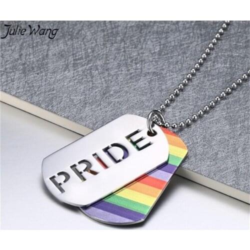 Julie Wang 1PC Colorful Rainbow LGBT Symbol Pride Pendant Necklace Stainless Steel High End Gay Lesbian Gift Statement Jewelry