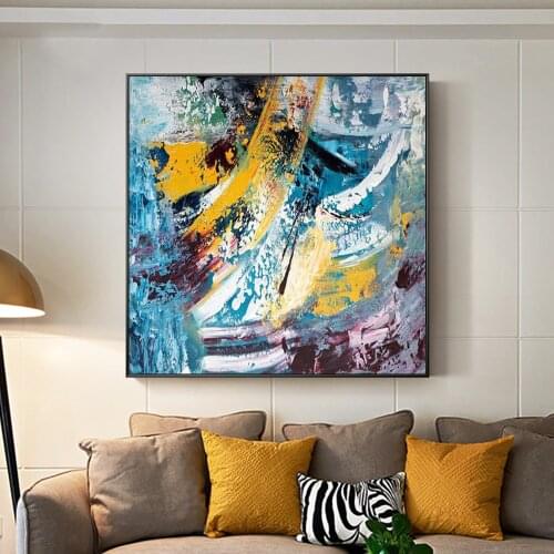 100% Hand Painted Blue Mixed Yellow Oil Painting On Canvas Modern Abstract Multicolor Wall Art Paintings For Home Decoration