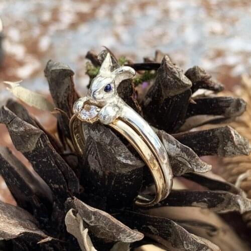 2PC Rings Set Silver Plated Rabbit Rings Gold Color Round Zircon Rings for Cocktail Party Women Girls Rings Wedding Jewelry Gift