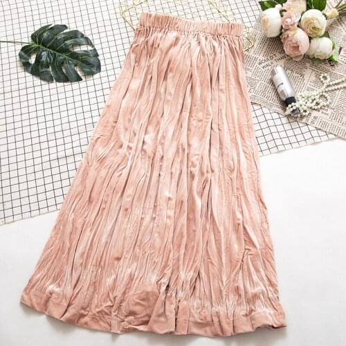 2018 Glossy Gold Velvet Women Skirt Wild Loose A-line Skirt In The Long Skirt For Women Paragraph Pleated Skirt Women